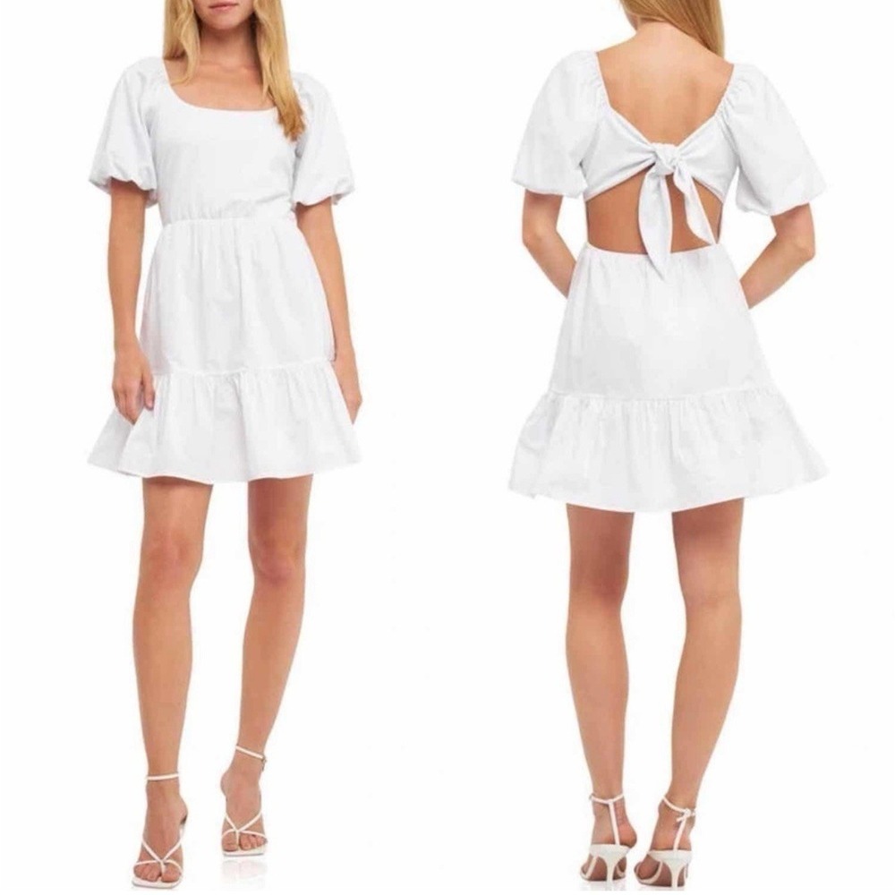 English Factory 290310 Mixed Media Puff Sleeve Back Bow Dress White Size XS NWT